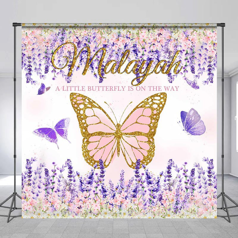 Lofaris Custom Name Purple Butterfly Baby Shower Backdrop