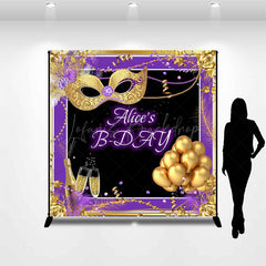 Lofaris Custom Name Purple Gold Masquerade Birthday Backdrop