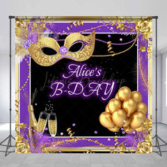 Lofaris Custom Name Purple Gold Masquerade Birthday Backdrop