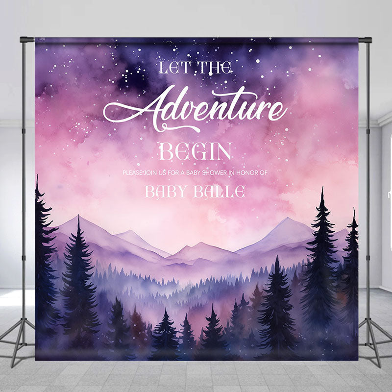 Lofaris Custom Name Purple Mountain Baby Shower Backdrop