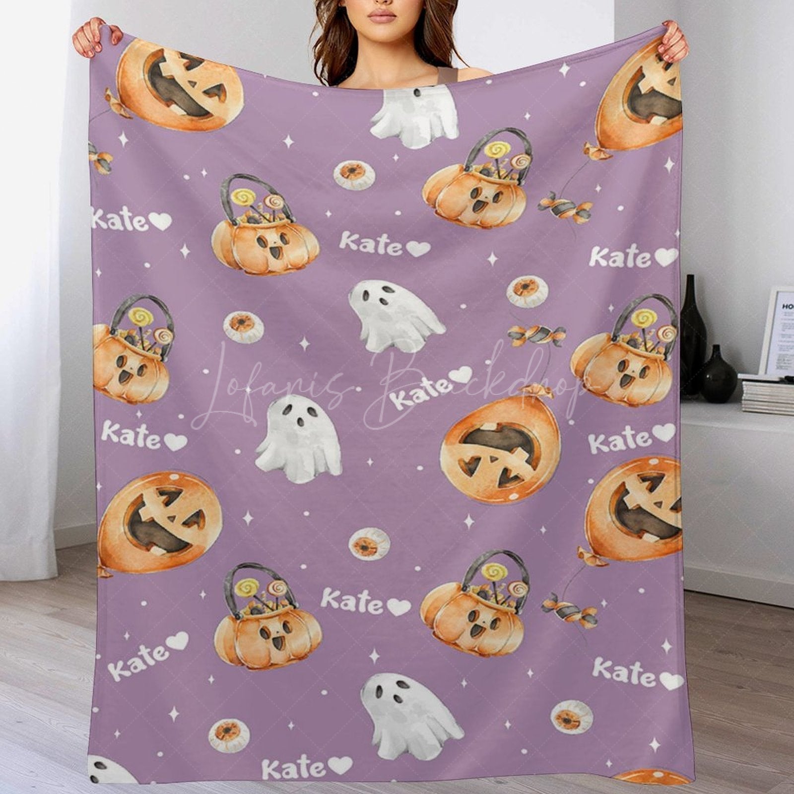 Lofaris Custom Name Purple Pumpkins Ghost Halloween Blanket