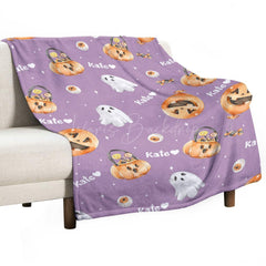 Lofaris Custom Name Purple Pumpkins Ghost Halloween Blanket