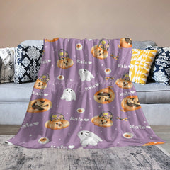 Lofaris Custom Name Purple Pumpkins Ghost Halloween Blanket