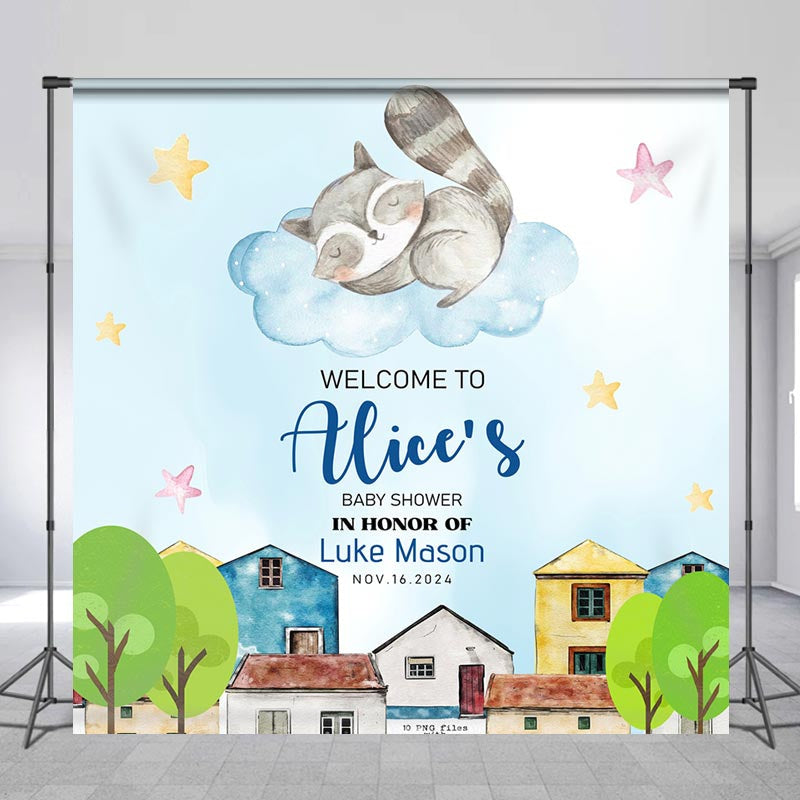 Lofaris Custom Name Racoon House Boy Baby Shower Backdrop