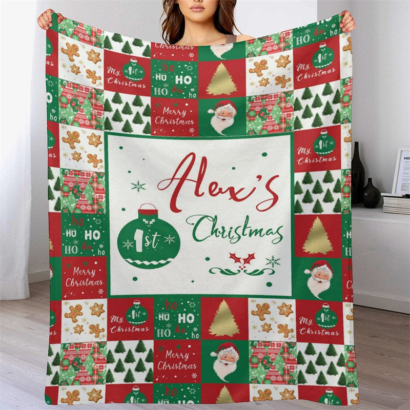 Lofaris Custom Name Red Green Plaid 1st Christmas Blanket