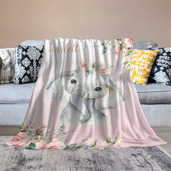Lofaris Custom Name Simple Cute Elephant Pink Floral Blanket