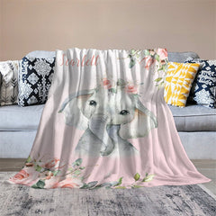 Lofaris Custom Name Simple Cute Elephant Pink Floral Blanket