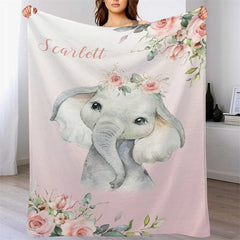 Lofaris Custom Name Simple Cute Elephant Pink Floral Blanket