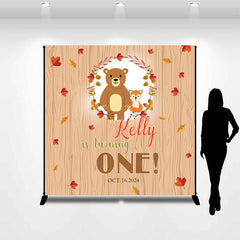 Lofaris Custom Name Turning One Bear Wood Birthday Backdrop