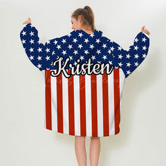 Lofaris Custom Name USA Flag Soft Flannel Blanket Hoodie