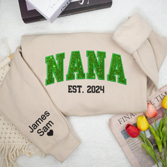 Lofaris Custom Nana Green Glitter Embroidered Kids Sweatshirt