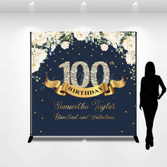 Lofaris Custom Navy Blue Pink Floral 100th Birthday Backdrop