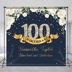 Lofaris Custom Navy Blue Pink Floral 100th Birthday Backdrop