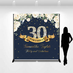 Lofaris Custom Navy Blue Pink Floral 30th Birthday Backdrop