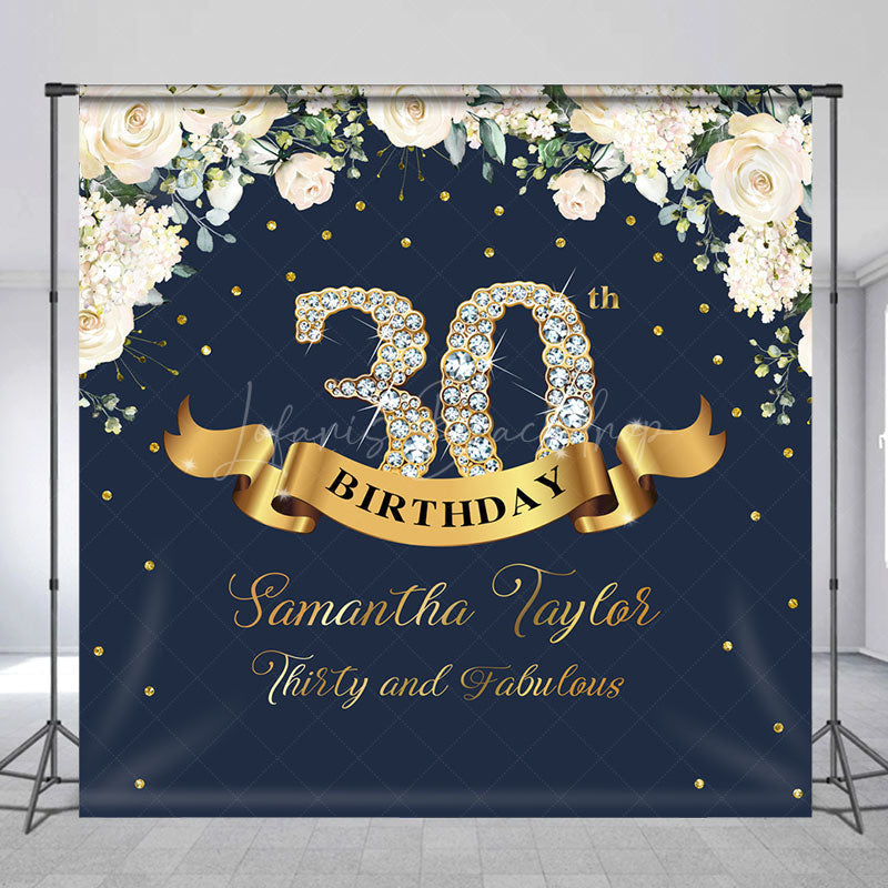 Lofaris Custom Navy Blue Pink Floral 30th Birthday Backdrop