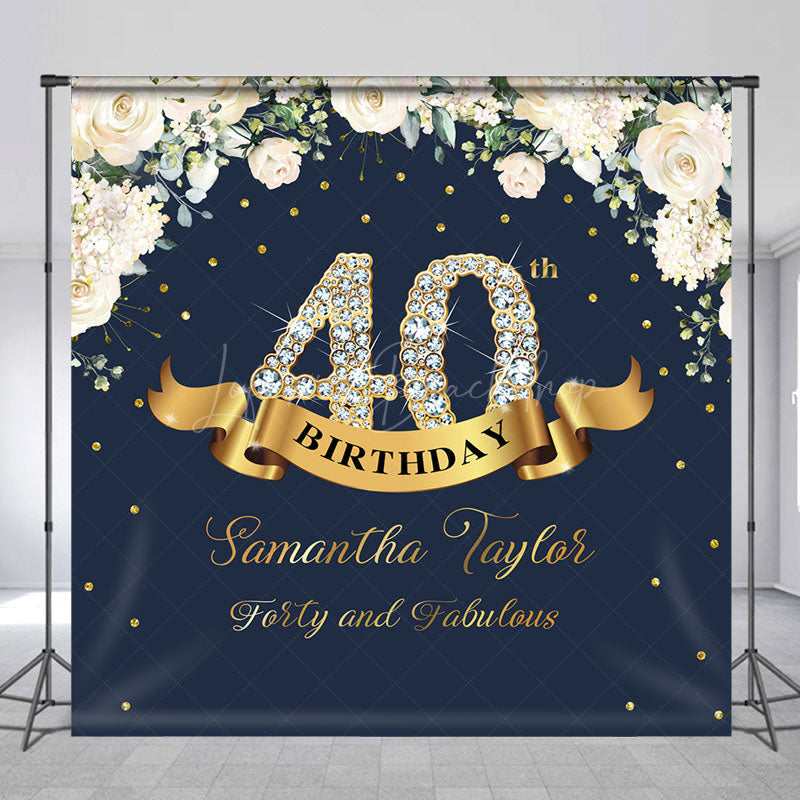 Lofaris Custom Navy Blue Pink Floral 40th Birthday Backdrop