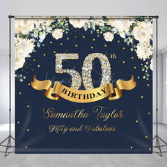 Lofaris Custom Navy Blue Pink Floral 50th Birthday Backdrop