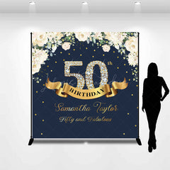 Lofaris Custom Navy Blue Pink Floral 50th Birthday Backdrop