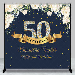 Lofaris Custom Navy Blue Pink Floral 50th Birthday Backdrop