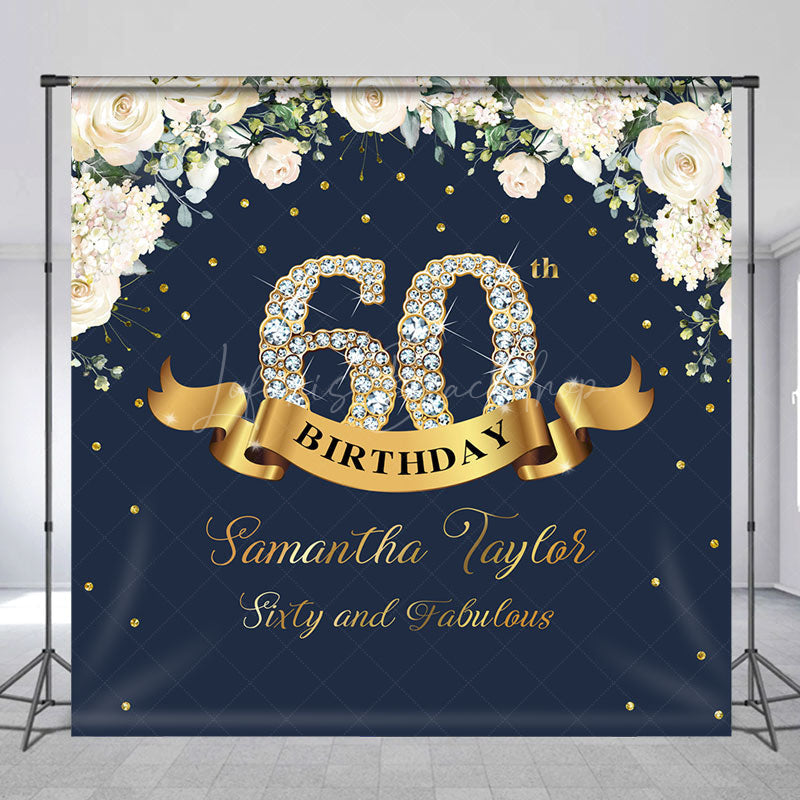 Lofaris Custom Navy Blue Pink Floral 60th Birthday Backdrop