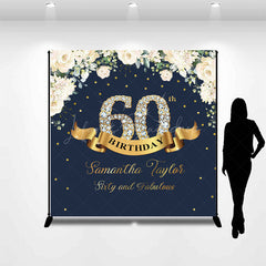 Lofaris Custom Navy Blue Pink Floral 60th Birthday Backdrop