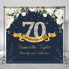 Lofaris Custom Navy Blue Pink Floral 70th Birthday Backdrop