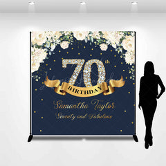 Lofaris Custom Navy Blue Pink Floral 70th Birthday Backdrop