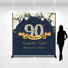 Lofaris Custom Navy Blue Pink Floral 90th Birthday Backdrop