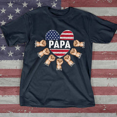 Lofaris Custom Papa Grandkids Hands USA Flag Heart T - Shirt