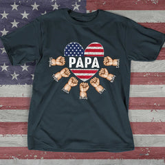 Lofaris Custom Papa Grandkids Hands USA Flag Heart T - Shirt