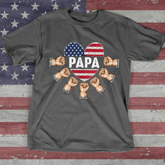 Lofaris Custom Papa Grandkids Hands USA Flag Heart T - Shirt