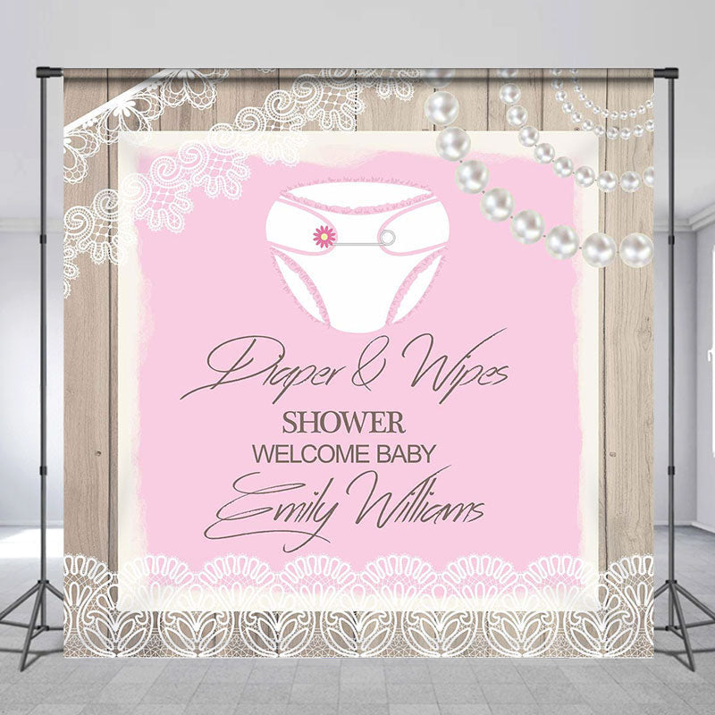 Lofaris Custom Pearls Wood Pink Diaper Wipes Shower Backdrop