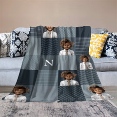 Lofaris Custom Photo Dark Blue Plaids Splice Present Blanket