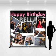 Lofaris Custom Photo Name Black Pink Happy Birthday Backdrop