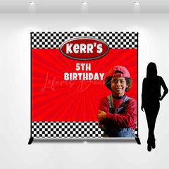 Lofaris Custom Photo Name Red Stripe Plaid Birthday Backdrop