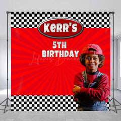 Lofaris Custom Photo Name Red Stripe Plaid Birthday Backdrop