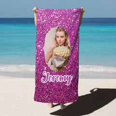 Lofaris Custom photo Rose Pink Glitter Beach Towel