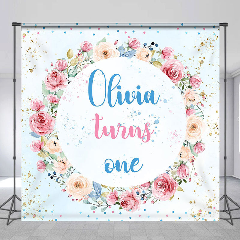 Lofaris Custom Pink Blue Floral Wreath Girl Birthday Backdrop