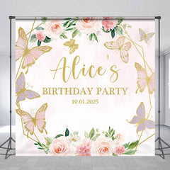 Lofaris Custom Pink Floral Butterflies Birthday Backdrop