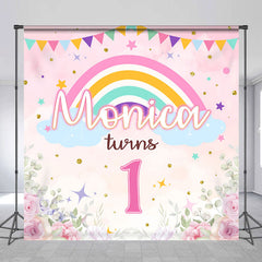 Lofaris Custom Pink Floral Rainbow 1st Birthday Backdrop