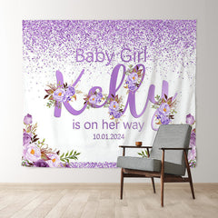 Lofaris Custom Purple Glitter Floral Girl Baby Shower Backdrop