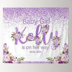 Lofaris Custom Purple Glitter Floral Girl Baby Shower Backdrop