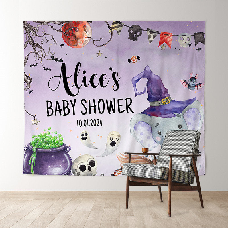 Lofaris Custom Purple Halloween Elephant Baby Shower Backdrop