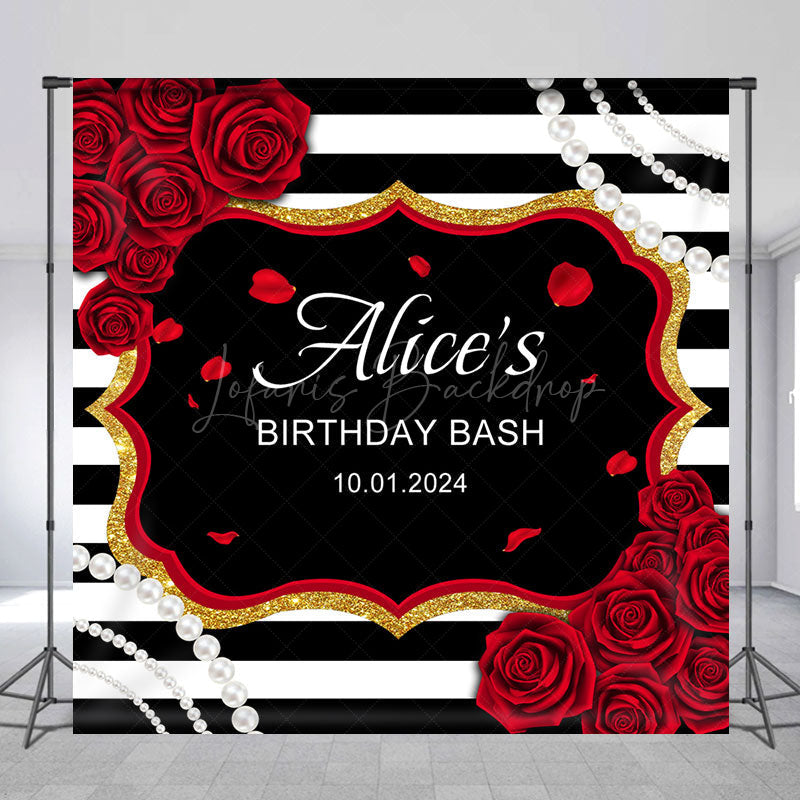 Lofaris Custom Red Rose Pearl Stripe Birthday Bash Backdrop