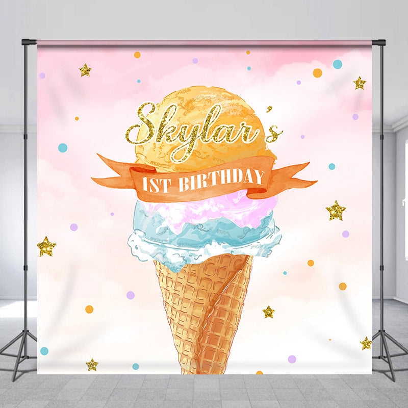 Lofaris Custom Text Dreamy Ice Cream 1st Birthday Backdrop