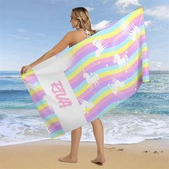 Lofaris Custom Wave Rainbow Unicorn Beach Towel For Girls