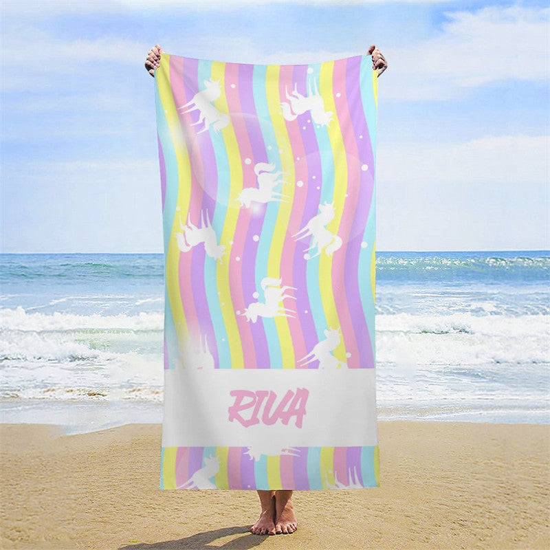 Lofaris Custom Wave Rainbow Unicorn Beach Towel For Girls