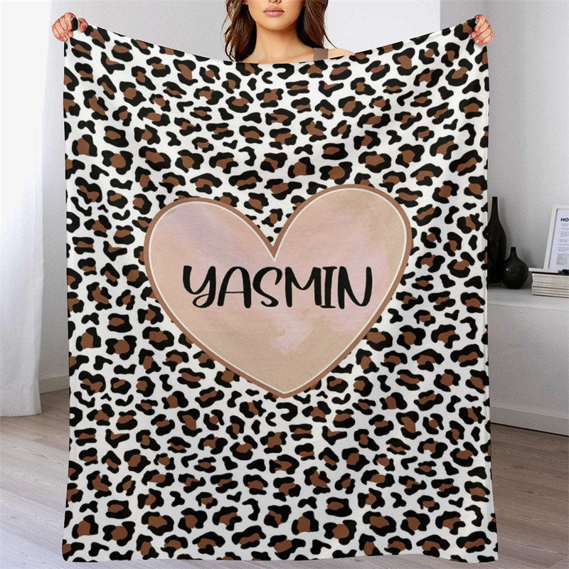 Lofaris Customized Name Heart Brown Leopard Pattern Blanket