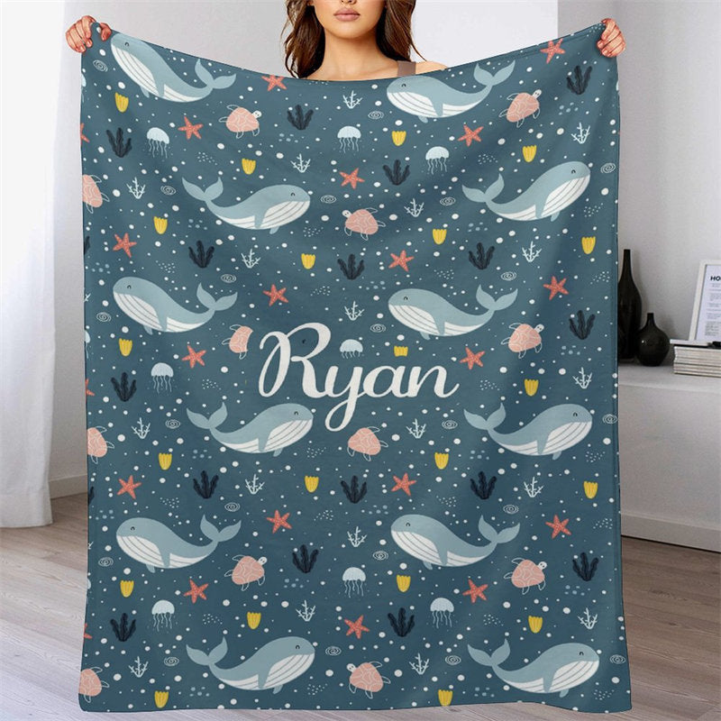 Lofaris Customized Name Ocean Fish And Whales Warm Blanket