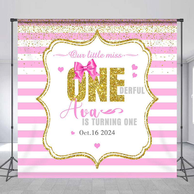 Lofaris Customized Name Pink Stripes 1st Birthday Backdrop